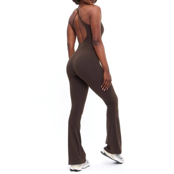 BuffBunny Collection Legacy Flare Bodysuit Cold Brew Open Back Wide Leg Jumpsuit - Picture 2 of 11